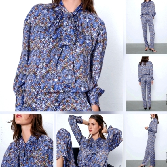 🇪🇦 Zara Blue Floral Paisley Long Sleeve Satin Blouse with Bow - Picture 13 of 16